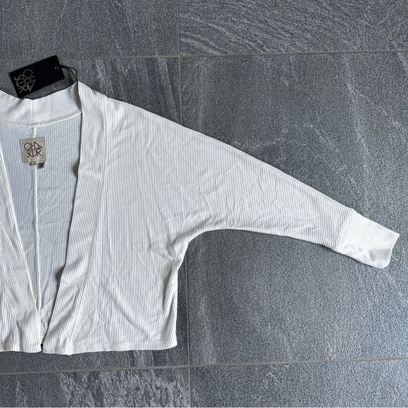 NWT Chaser Cozy Rib Drop Shoulder Cropped Open Cardigan in Ceramic (Ivory) Small - Picture 8 of 13